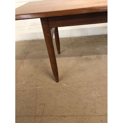 155 - Mid century furniture, 1970s long coffee table on round tapered legs approximately 120 x 40 x 41cm