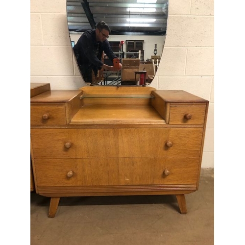 158 - 20th century furniture, mid century blonde  bedroom suite comprising a dressing table on splayed leg... 