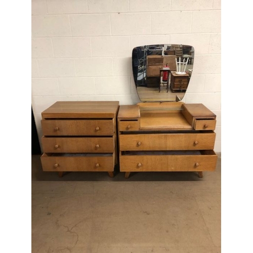 158 - 20th century furniture, mid century blonde  bedroom suite comprising a dressing table on splayed leg... 