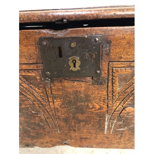 160 - Antique Furniture, !7th / 18th century provincial  6 plank Elm chest / coffer with iron hinges and l... 