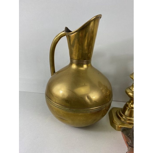 162 - Copper and Brass wares, a collection of copper, brass and other items to include , a glue pot, kettl... 