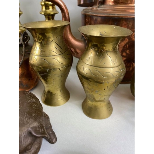 162 - Copper and Brass wares, a collection of copper, brass and other items to include , a glue pot, kettl... 