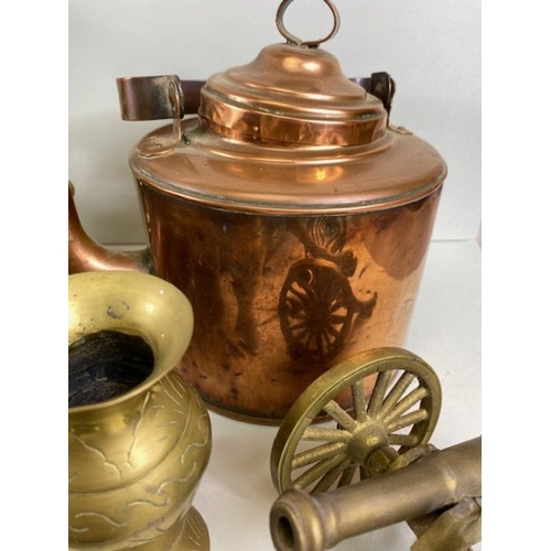 162 - Copper and Brass wares, a collection of copper, brass and other items to include , a glue pot, kettl... 