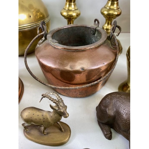 162 - Copper and Brass wares, a collection of copper, brass and other items to include , a glue pot, kettl... 