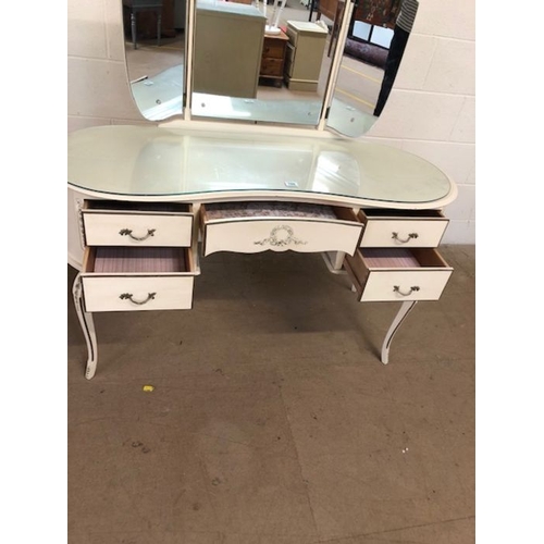 166 - Mid century furniture, 1960s/70s kidney shaped dressing table and mirror in an off white finish with... 