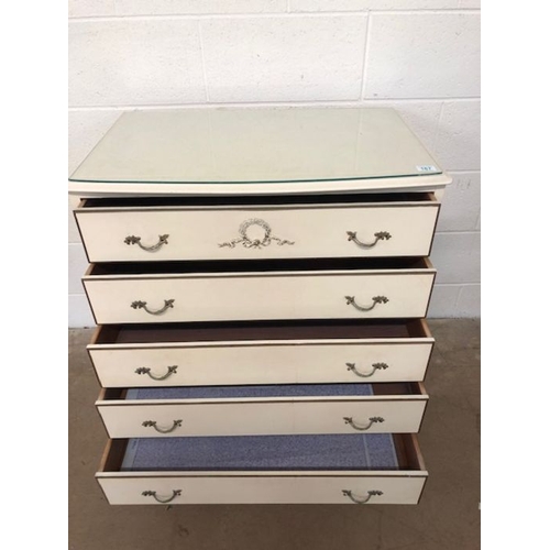 167 - Mid century furniture, chest of 5 drawers in off white finish with wreath design mouldings, and cabr... 