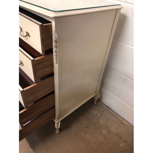 167 - Mid century furniture, chest of 5 drawers in off white finish with wreath design mouldings, and cabr... 