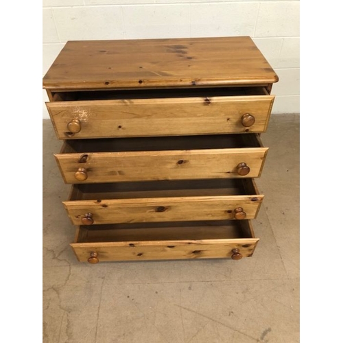 169 - Pine furniture, modern chest of draws, run of 4 draws on bun feet approximately 86 x 44 x 85cm