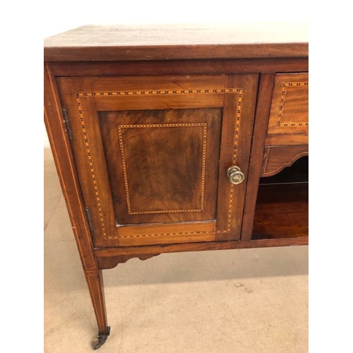 180 - Antique furniture, Edwardian side board on casters with cupboard and single draw, typical inlay desi... 