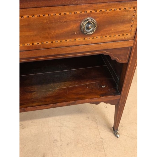 180 - Antique furniture, Edwardian side board on casters with cupboard and single draw, typical inlay desi... 