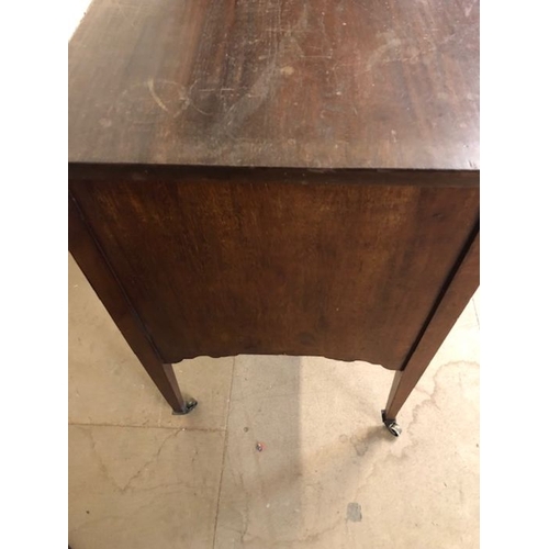 180 - Antique furniture, Edwardian side board on casters with cupboard and single draw, typical inlay desi... 