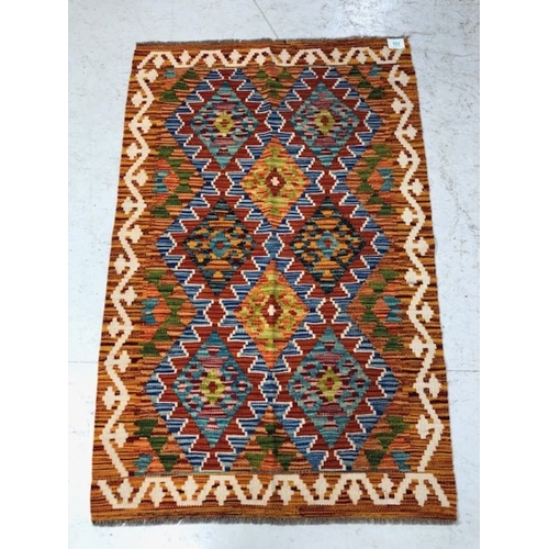 191 - Oriental rug, Hand Knotted wool Chobi Kilim  with geometric designs 130 x 85cm