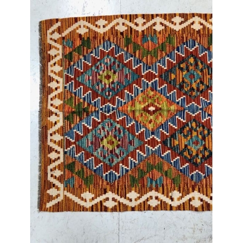 191 - Oriental rug, Hand Knotted wool Chobi Kilim  with geometric designs 130 x 85cm