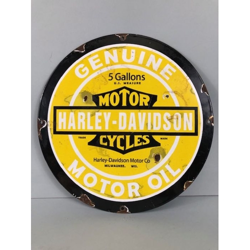 193 - Enamel sign, Harley Davidson Motor Oil round enamel sign approximately 30cm across