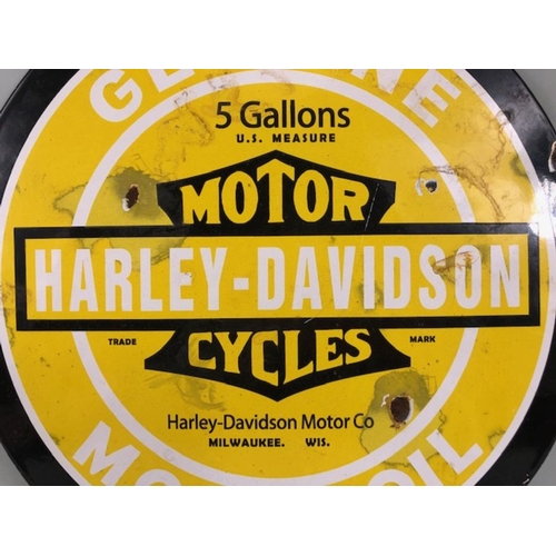 193 - Enamel sign, Harley Davidson Motor Oil round enamel sign approximately 30cm across