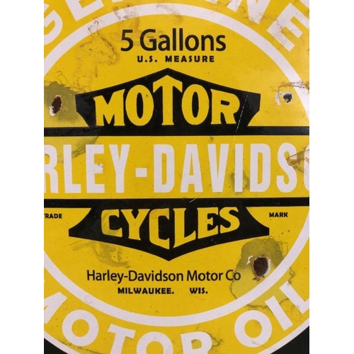 193 - Enamel sign, Harley Davidson Motor Oil round enamel sign approximately 30cm across