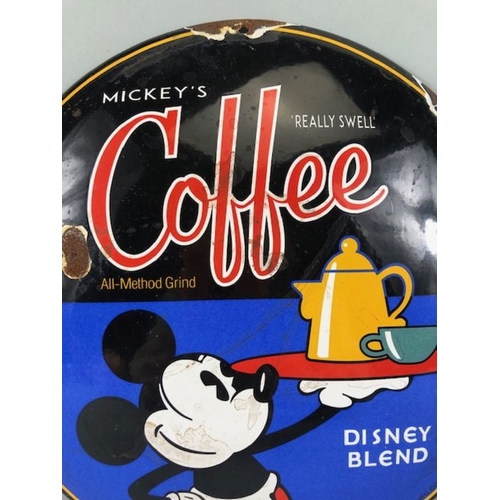 194 - Enamel Sign, Mickey Mouse coffee round enamel advertising sign approximately 30cm accross