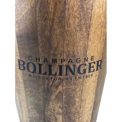 196 - Wooden champagne cooler, with metal banding, Bollinger printed on front approximately 31 x 40cm