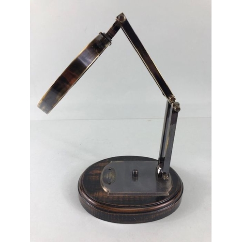 197 - Scientific style magnifying glass  on adjustable metal stand with wooden base approximately 28ch hig... 