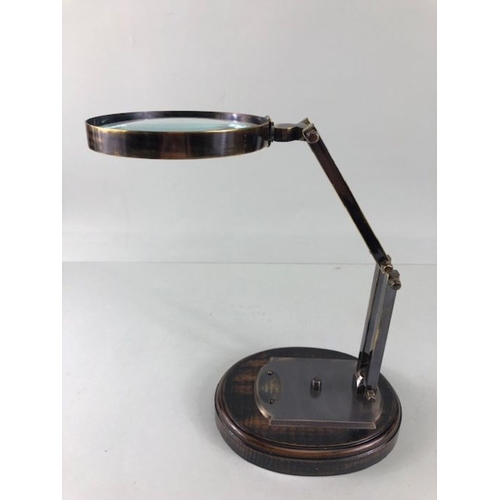 197 - Scientific style magnifying glass  on adjustable metal stand with wooden base approximately 28ch hig... 