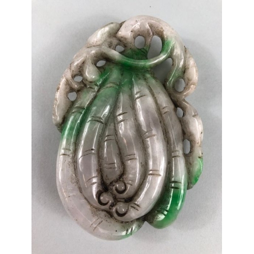 199 - Chinese Hard stone carving,  white and green stone carving of a bat on fruit  possibly a scroll weig... 