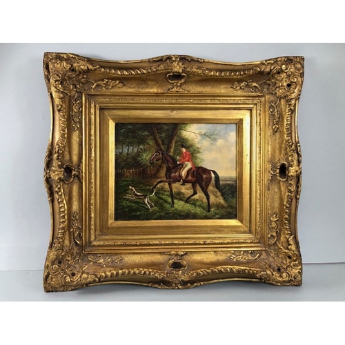 201 - paintings, 2 reproduction paintings of hunting scenes in decorative gilt frames each approximately 5... 