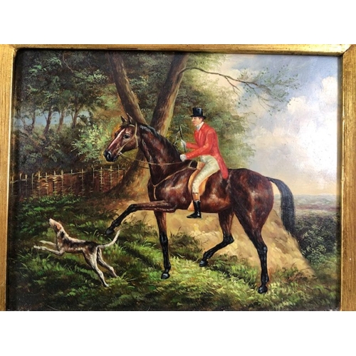 201 - paintings, 2 reproduction paintings of hunting scenes in decorative gilt frames each approximately 5... 