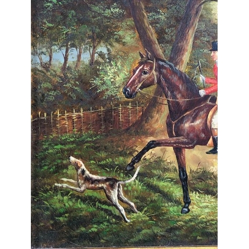 201 - paintings, 2 reproduction paintings of hunting scenes in decorative gilt frames each approximately 5... 