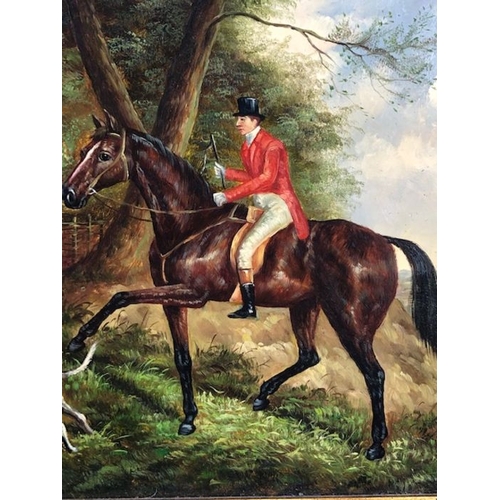 201 - paintings, 2 reproduction paintings of hunting scenes in decorative gilt frames each approximately 5... 