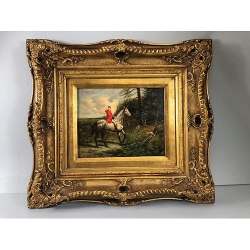 201 - paintings, 2 reproduction paintings of hunting scenes in decorative gilt frames each approximately 5... 