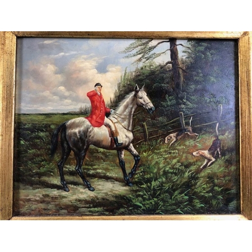 201 - paintings, 2 reproduction paintings of hunting scenes in decorative gilt frames each approximately 5... 