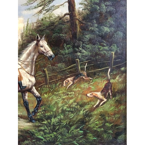 201 - paintings, 2 reproduction paintings of hunting scenes in decorative gilt frames each approximately 5... 