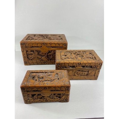 204 - Oriental carved boxes, set of 3 vintage camphor wood boxes carved in deep relief  with Chinese warri... 