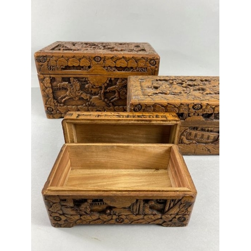 204 - Oriental carved boxes, set of 3 vintage camphor wood boxes carved in deep relief  with Chinese warri... 