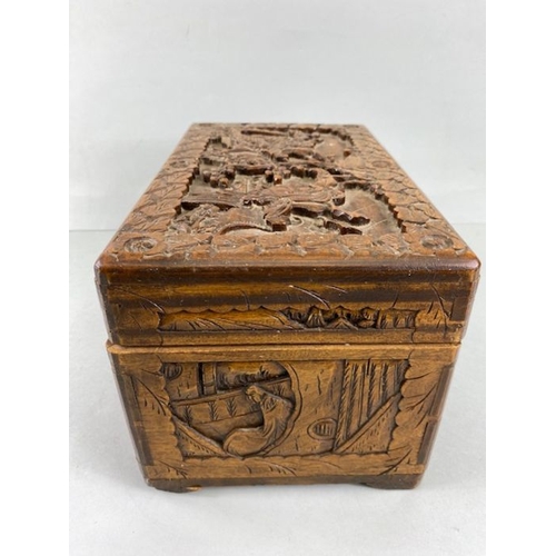 204 - Oriental carved boxes, set of 3 vintage camphor wood boxes carved in deep relief  with Chinese warri... 