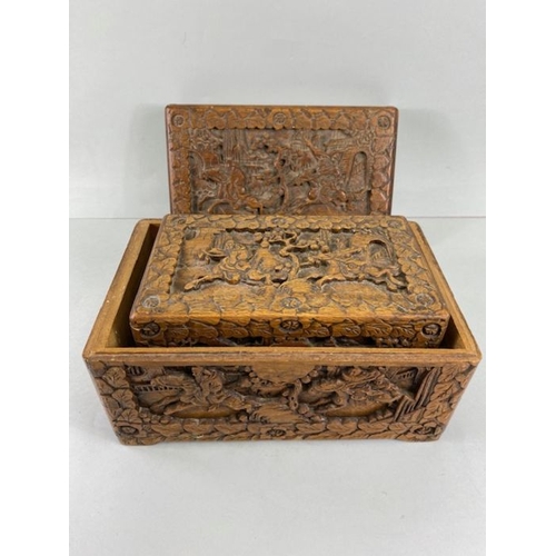 204 - Oriental carved boxes, set of 3 vintage camphor wood boxes carved in deep relief  with Chinese warri... 