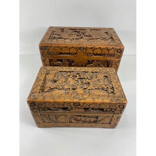 204 - Oriental carved boxes, set of 3 vintage camphor wood boxes carved in deep relief  with Chinese warri... 