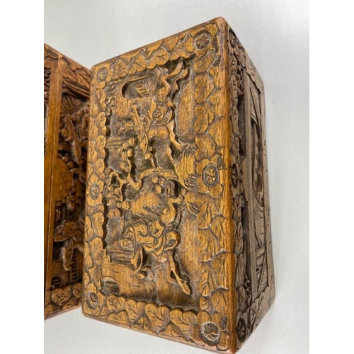 204 - Oriental carved boxes, set of 3 vintage camphor wood boxes carved in deep relief  with Chinese warri... 