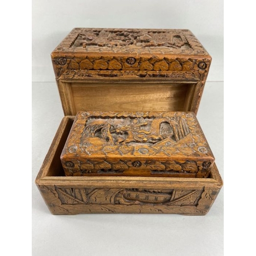 204 - Oriental carved boxes, set of 3 vintage camphor wood boxes carved in deep relief  with Chinese warri... 