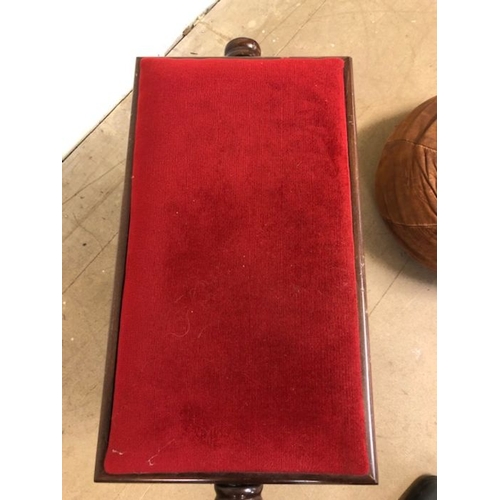 208 - Furniture, vintage wooden piano stool upholstered in red fabric and a leather pouffe