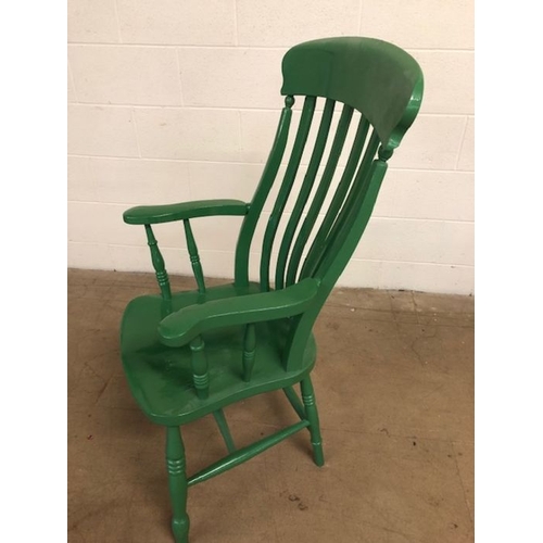 212 - Furniture, Vintage high slat back Windsor carver chair with turned spindles and green paint finish