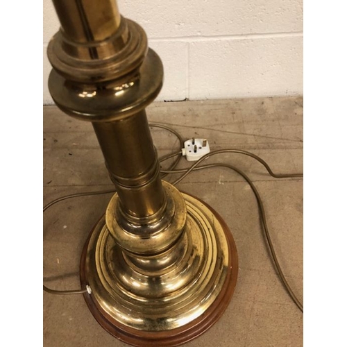 216 - Standard lamp, vintage brass finish standard lamp base on wooden plinth approximately 147 cm high