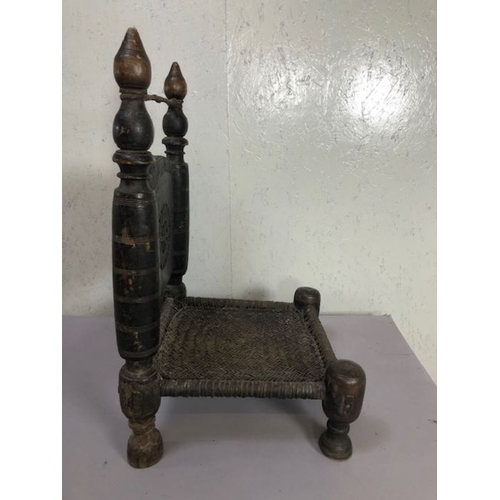 217 - Antique furniture, Indian Punjabi style chair of traditional design with carved back panel and turne... 