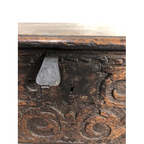 218 - Antique furniture, wooden bible box in the late 17th century style with provincial  carved decoratio... 