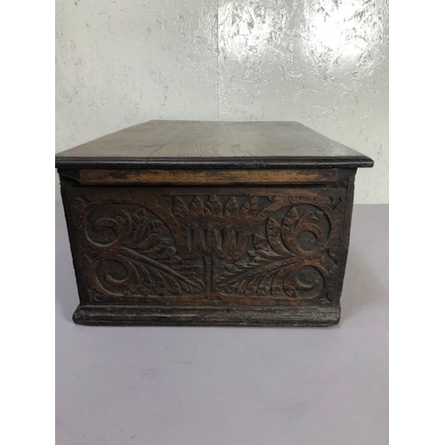 218 - Antique furniture, wooden bible box in the late 17th century style with provincial  carved decoratio... 