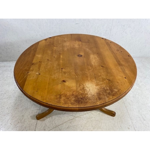 223 - Pine Furniture, Modern Round Pine dining table on central column with three legs approximately 122cm... 