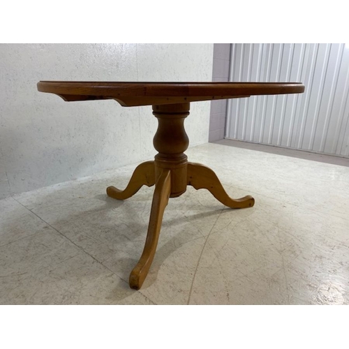 223 - Pine Furniture, Modern Round Pine dining table on central column with three legs approximately 122cm... 