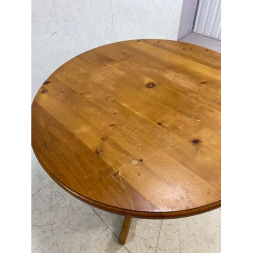 223 - Pine Furniture, Modern Round Pine dining table on central column with three legs approximately 122cm... 