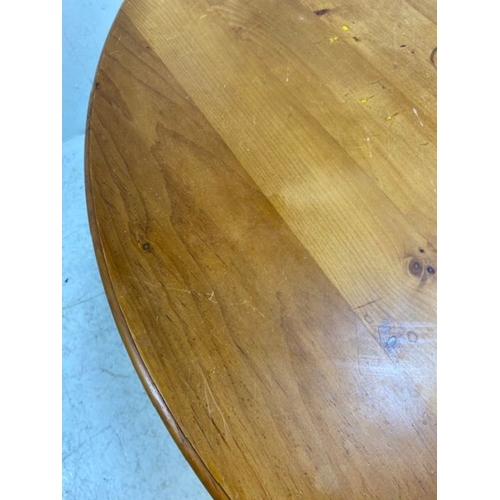 223 - Pine Furniture, Modern Round Pine dining table on central column with three legs approximately 122cm... 