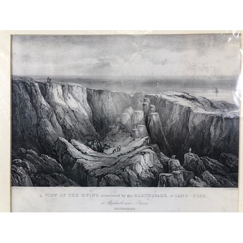 224 - Pictures, 3 etchings of local interest being a view of the Landslip at Lyme Regis 1840, Ruins after ... 